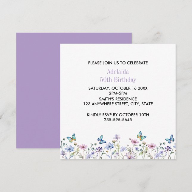 Invitación Cumpleaños de flores silvestres y mariposas (Anverso / Reverso)
