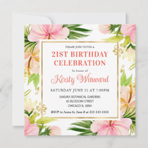 Invitación Cumpleaños de Flores Tropicales Rosadas Acuarela