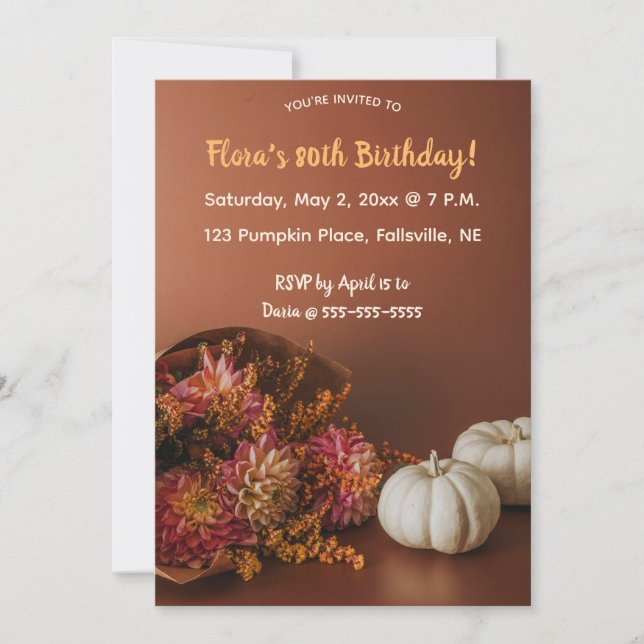 Invitación Cumpleaños de Flores y Calabazas de Otoño Editable (Anverso)