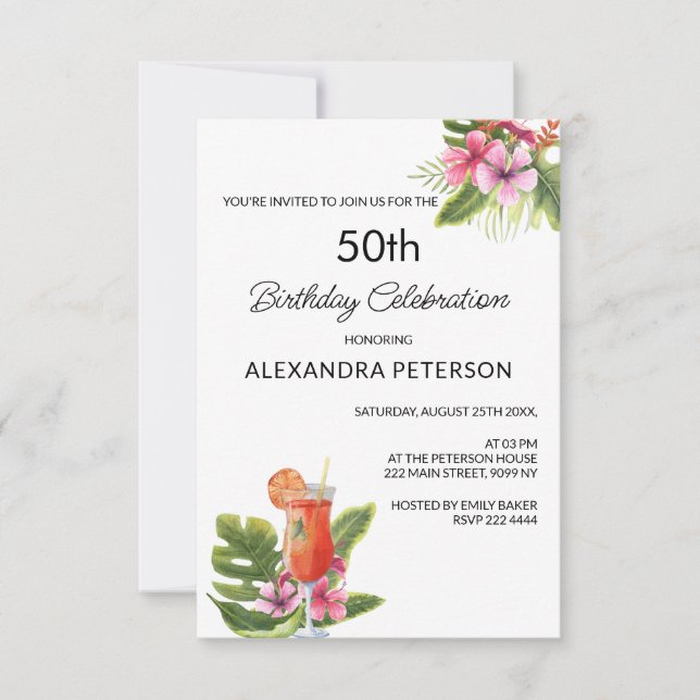 Invitación Cumpleaños de Flores y Cócteles Exóticos (Anverso)