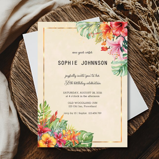 Invitación Cumpleaños de flores y hojas exóticas (Subido por el creador)