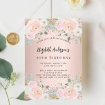 Invitación cumpleaños de florines blancos de oro Rosa<br><div class="desc">Una invitación moderna,  elegante y glamurosa para una fiesta de cumpleaños número 50 (o cualquier edad). Un fondo dorado rosa con flores rosadas,  rosas. El nombre está escrito con una escritura de estilo con letras a mano moderna. Personalice y agregue los detalles de su fiesta.</div>