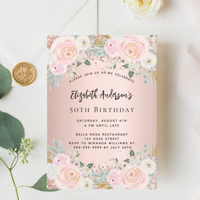 Invitación cumpleaños de florines blancos de oro Rosa (Subido por el creador)