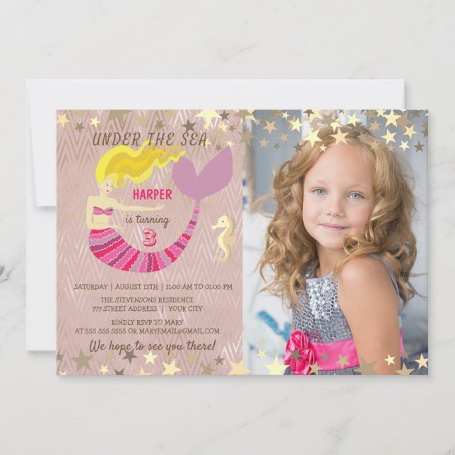 Invitación Cumpleaños de Foto de Sirena Rosa (Anverso)