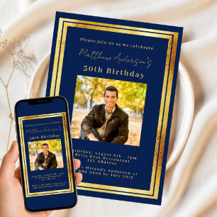 Invitación Cumpleaños de foto dorada azul marino