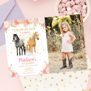 Invitación Cumpleaños de foto floral acuarela de caballo de n