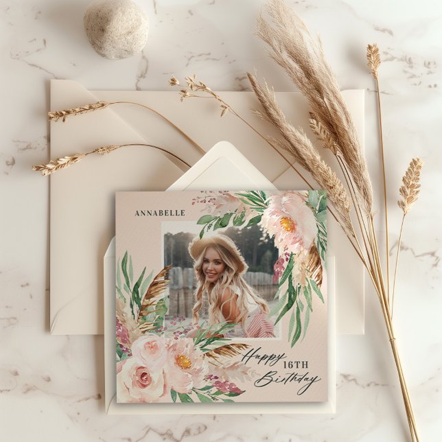 Invitación Cumpleaños de foto floral moderno boho natural fem (Subido por el creador)