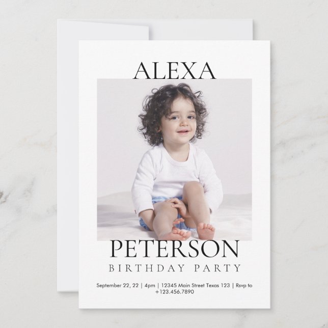 Invitación cumpleaños de fotos minimalistas (Anverso)