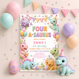 Invitación Cumpleaños de Four-A-Saurus niña dinosaurio 4 años