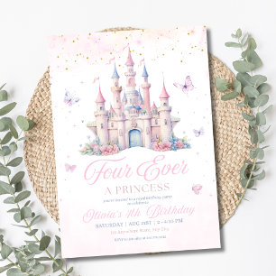 Invitación Cumpleaños de Four Ever A Princess niña rosa 4 año