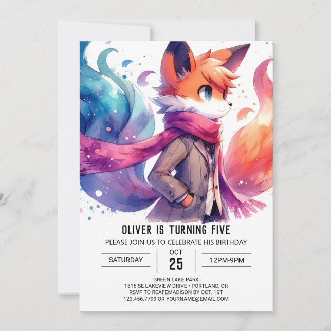 Invitación Cumpleaños de Fox, Personalizado de acuarela (Anverso)
