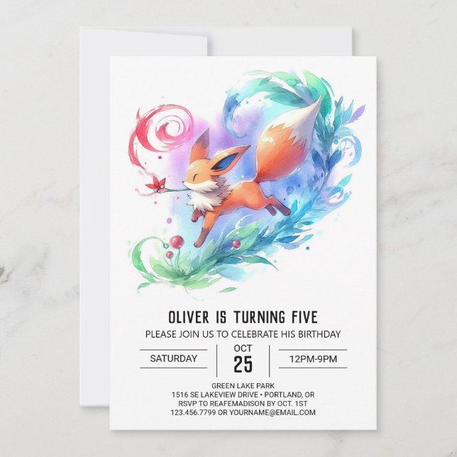 Invitación Cumpleaños de Fox Pintada moda (Anverso)