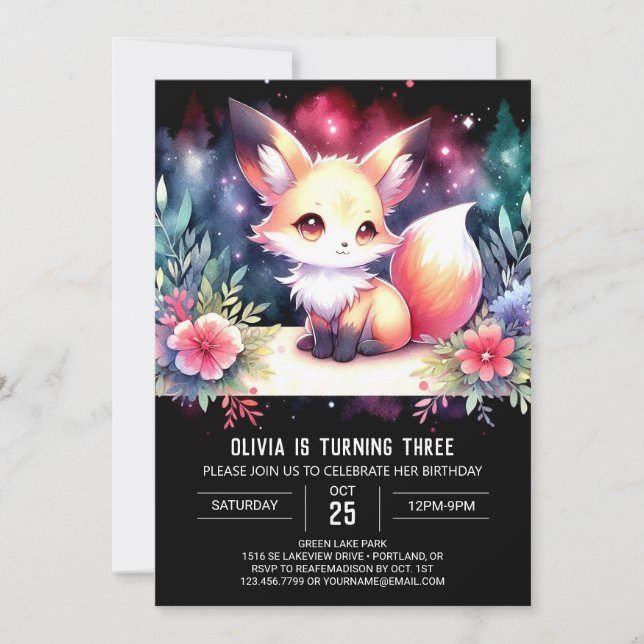 Invitación Cumpleaños de Fox Simple y Dulce (Anverso)