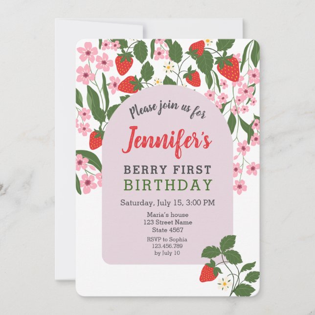 Invitación Cumpleaños de fresa 1er año (Anverso)