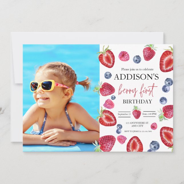 Invitación Cumpleaños de Fresa 1er Cumpleaños Primera Foto Fr (Anverso)