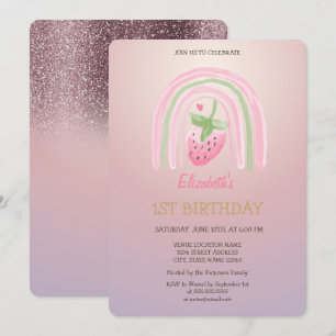 Invitación Cumpleaños de Fresa Arcoíris Acuarela Brillo