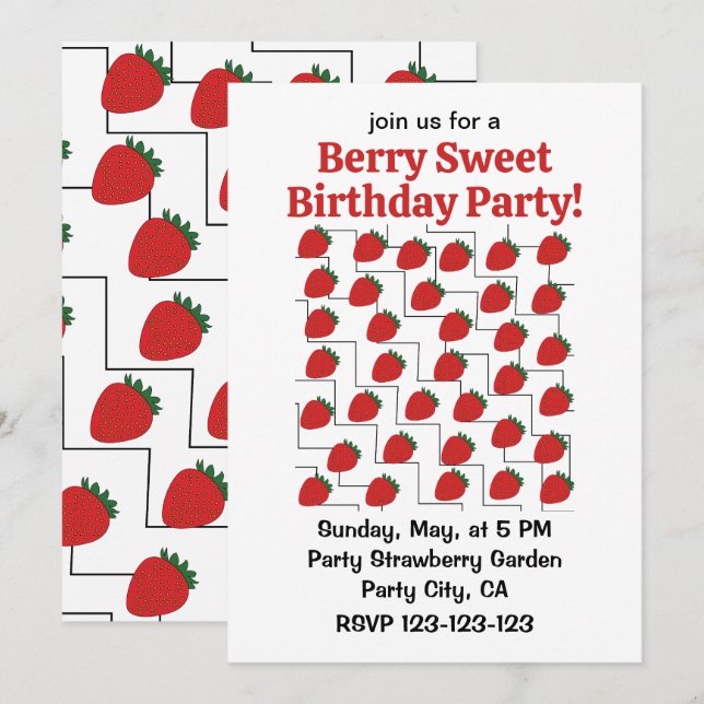 Invitación Cumpleaños de Fresa Chevron Rayas Dulce como una F (Anverso / Reverso)