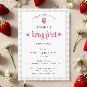 Invitación Cumpleaños de Fresa con Acuarela Primer Cumpleaños