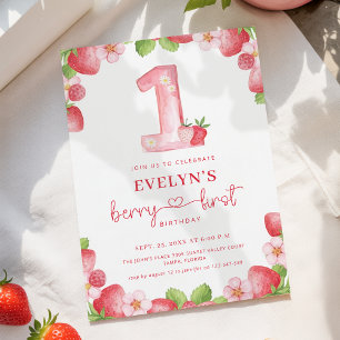 Invitación Cumpleaños de Fresa con Acuarela Rosa para el Prim