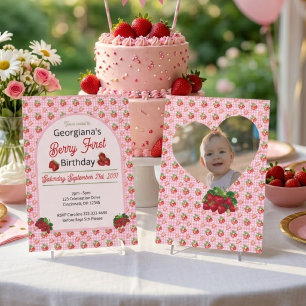 Invitación Cumpleaños de Fresa con Cuadros Rosados Berry Prim