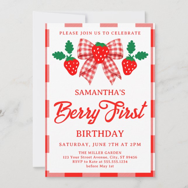 Invitación Cumpleaños de fresa con lazo rojo de gingham (Anverso)