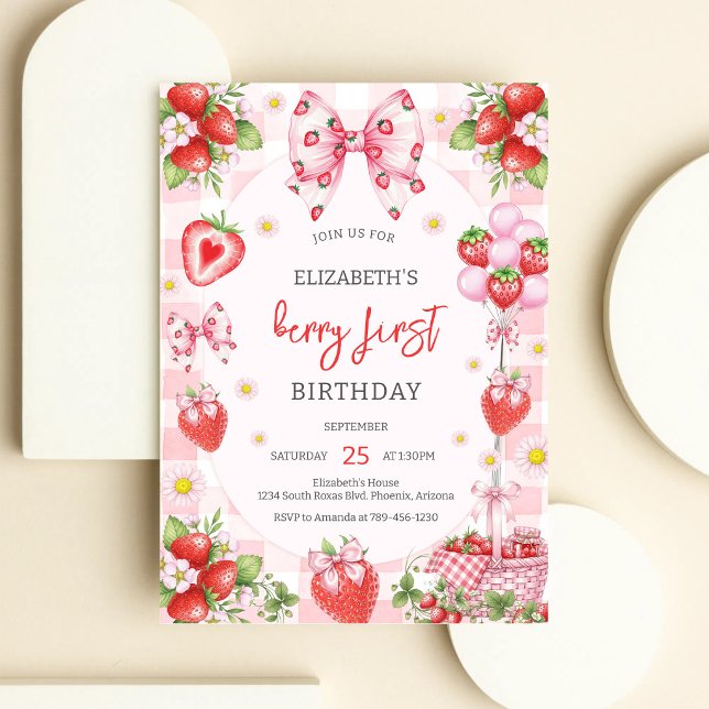 Invitación Cumpleaños de Fresa con Lazo Rosa de Berry First (Subido por el creador)