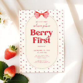 Invitación Cumpleaños de Fresa con Lazo Rosa Primera Vez
