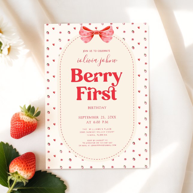 Invitación Cumpleaños de Fresa con Lazo Rosa Primera Vez (Subido por el creador)