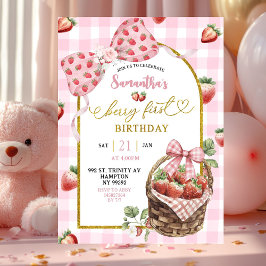 Invitación Cumpleaños de Fresa Coquette Rosa a Cuadros Primer