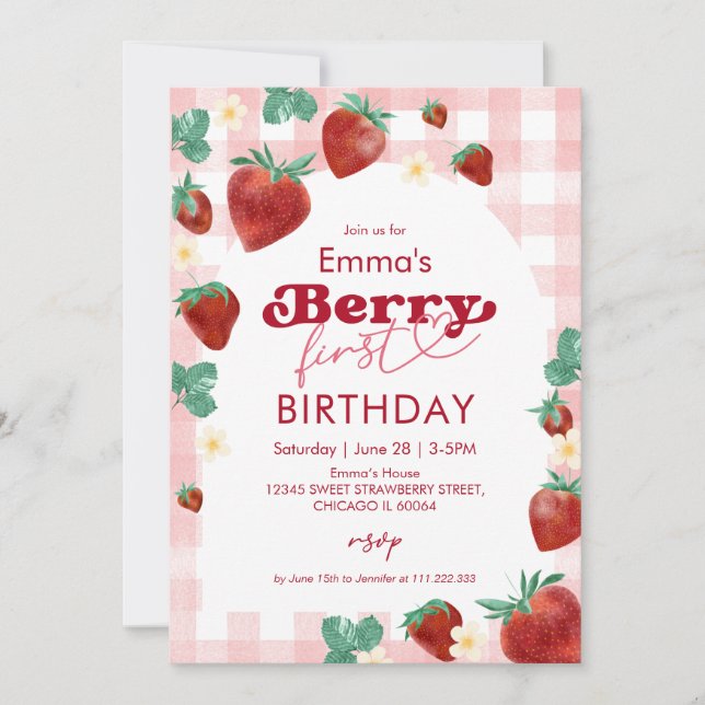 Invitación Cumpleaños de Fresa de la Primera Cumpleañera (Anverso)