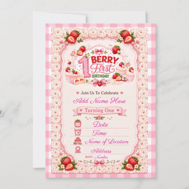 Invitación Cumpleaños de Fresa de la Primera Cumpleañera Berr (Anverso)