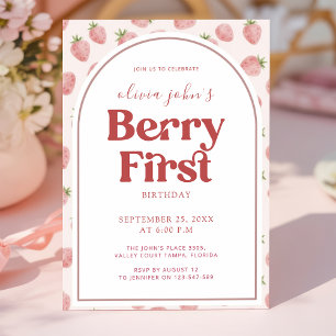 Invitación Cumpleaños de Fresa de Niña de Un Año con Arco de