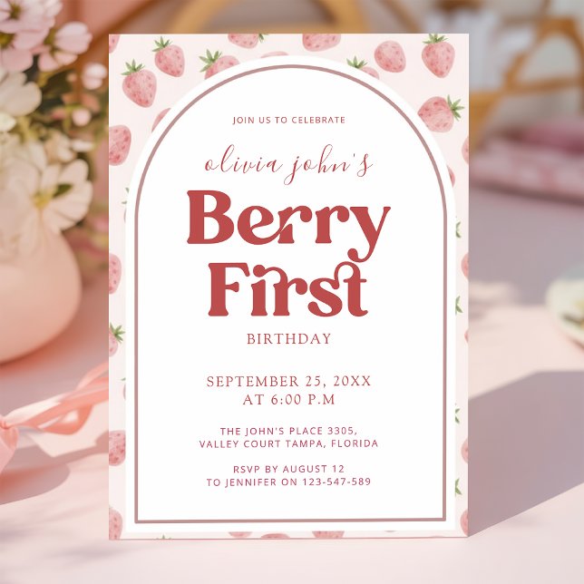 Invitación Cumpleaños de Fresa de Niña de Un Año con Arco de  (Subido por el creador)