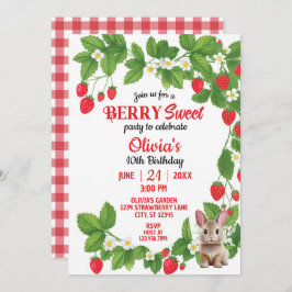 Invitación Cumpleaños de fresa dulce conejito (rojo y blanco)