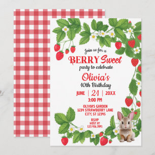 Invitación Cumpleaños de fresa dulce conejito (rojo y blanco)