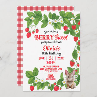 Invitación Cumpleaños de fresa dulce conejito (rojo y blanco)