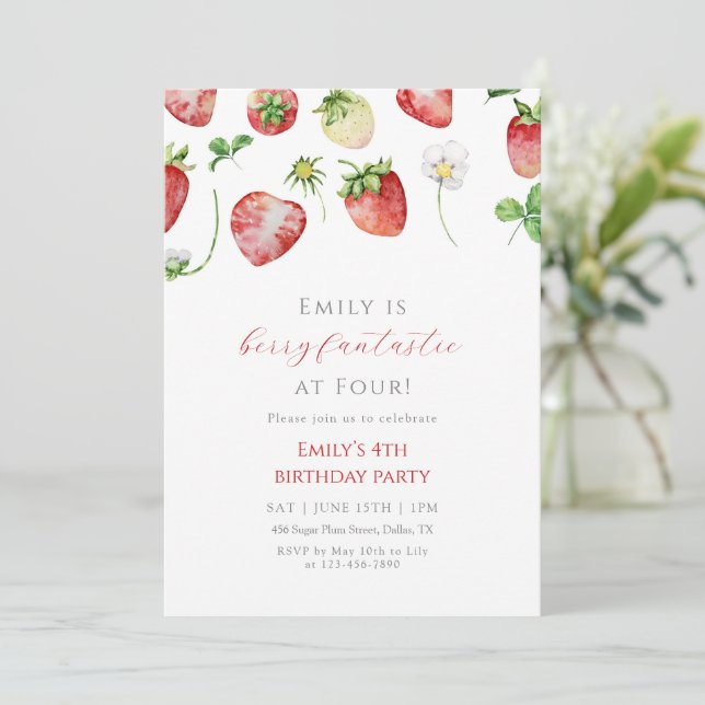 Invitación Cumpleaños de Fresa Fantástico (Anverso de pie)