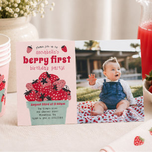 Invitación Cumpleaños de Fresa Foto de la Primera Fiesta de C