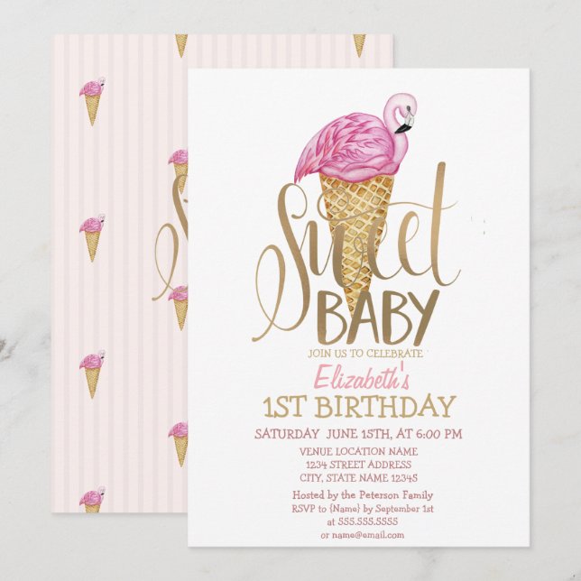 Invitación Cumpleaños de fresa helada flamenco rosa a rayas  (Anverso / Reverso)