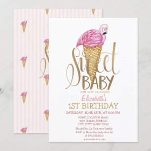 Invitación Cumpleaños de fresa helada flamenco rosa a rayas 