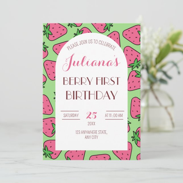 Invitación Cumpleaños de Fresa por Primera Vez, Cumpleaños de (Anverso de pie)