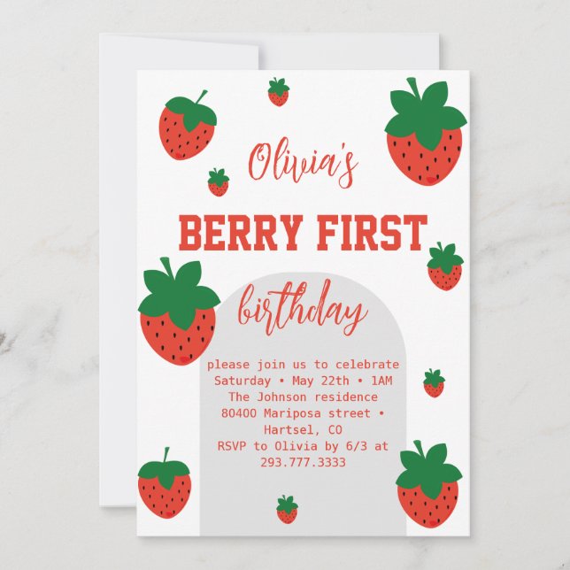 Invitación Cumpleaños de Fresa Primer Cumpleaños (Anverso)