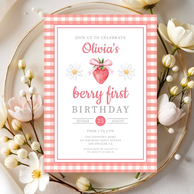 Invitación Cumpleaños de Fresa Primer Cumpleaños de la Fresa (Strawberry 1st Birthday Berry First Birthday Invitation)