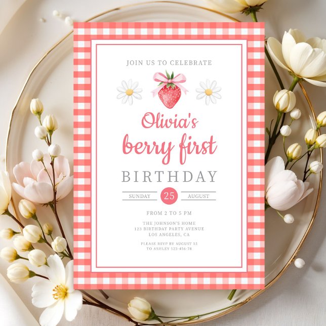 Invitación Cumpleaños de Fresa Primer Cumpleaños de la Fresa (Strawberry 1st Birthday Berry First Birthday Invitation)