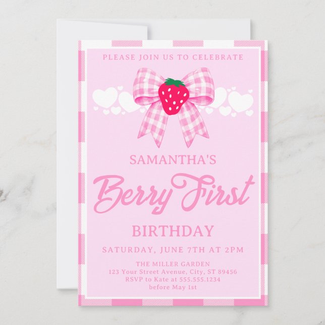 Invitación Cumpleaños de Fresa Primer Cumpleaños Lazo de Ging (Anverso)