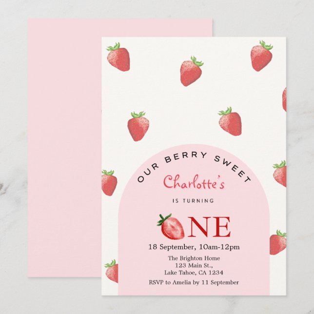 Invitación Cumpleaños de Fresa Primero (Anverso / Reverso)