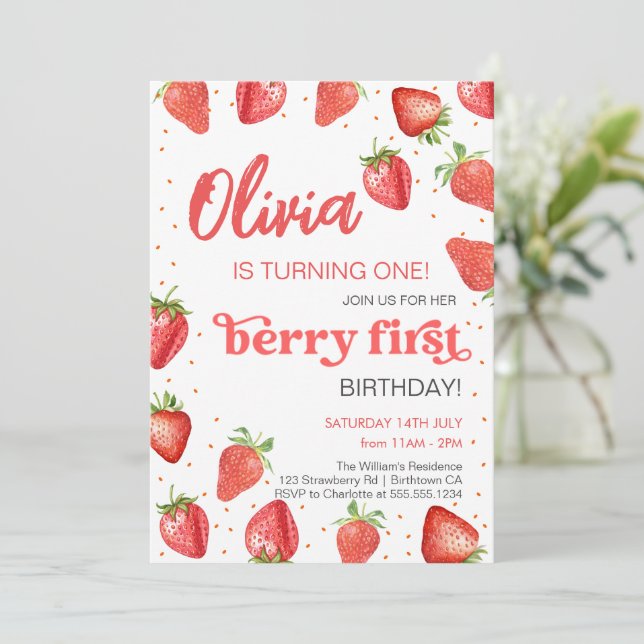 Invitación Cumpleaños de Fresa Primero Berry (Anverso de pie)