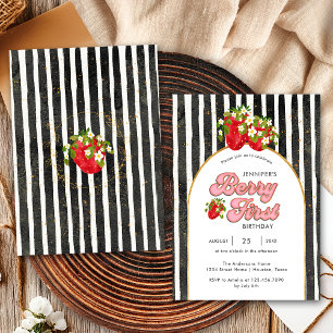 Invitación Cumpleaños de Fresa Rayas Negras y Blancas Doradas