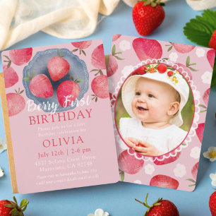 Invitación Cumpleaños de Fresa Rosa en Acuarela 1er