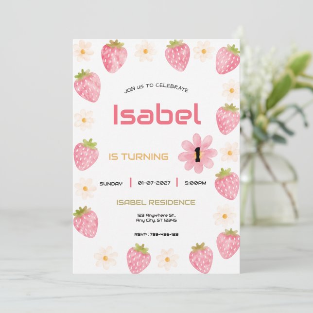 Invitación Cumpleaños de Fresa Rosa Floral Fiesta Bonita (Anverso de pie)
